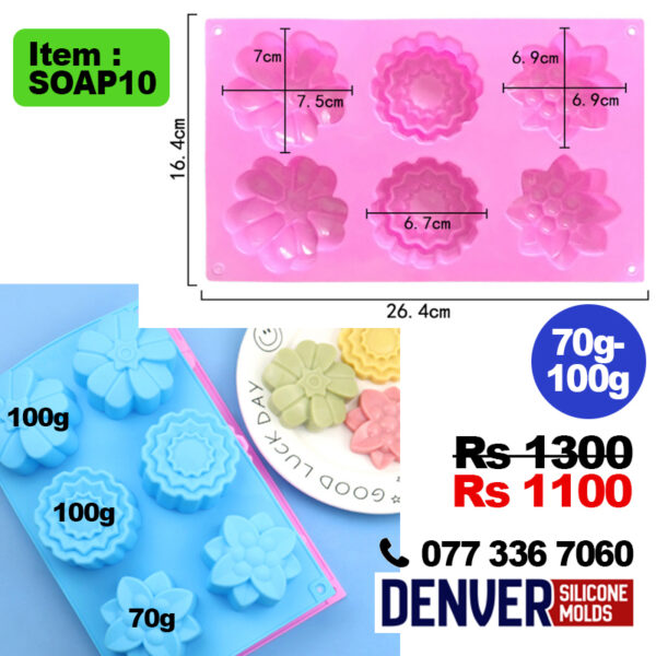 6-Cavity Floral Silicone Mold Tray for Soap and Candles 100g,100g,70g